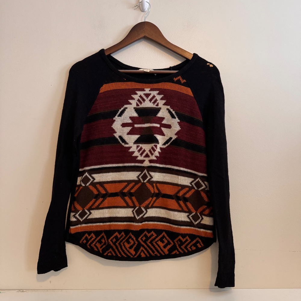 Miami Women's Sm Southwestern Tribal Print Knit Sweater Black Orange Burgundy